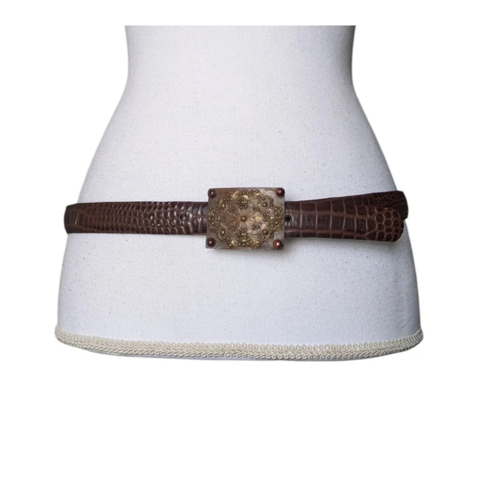 Vintage Elaine Coyne Brown Brass Square Leather Croc Embossed Belt Size Large